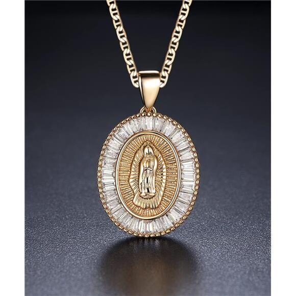 18K Gold Plated Virgin Mary Guadalupe Pendant Necklace with Cubic Zirconia, 24" - Picture 6 of 8